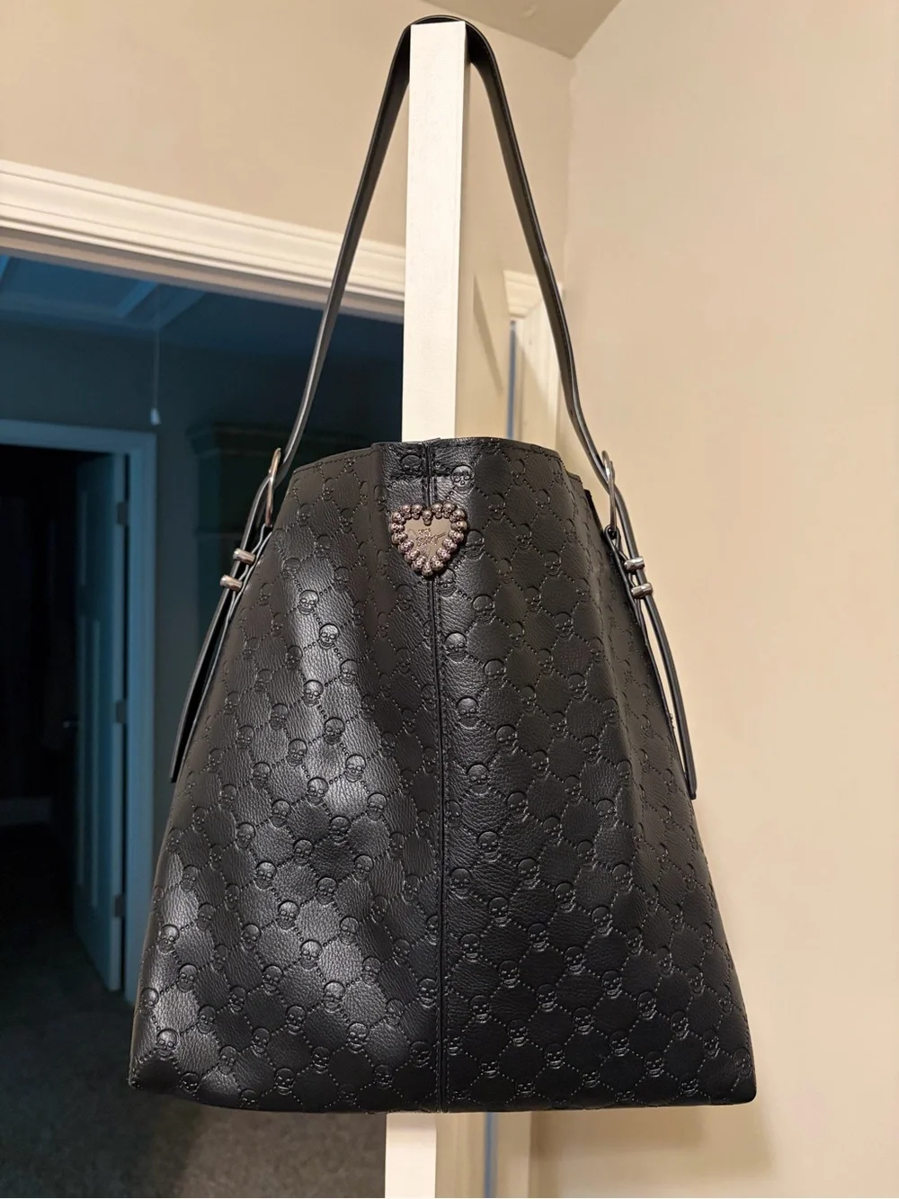 Large Betsey Johnson Black Tote with Heart Accent/ skull detail!